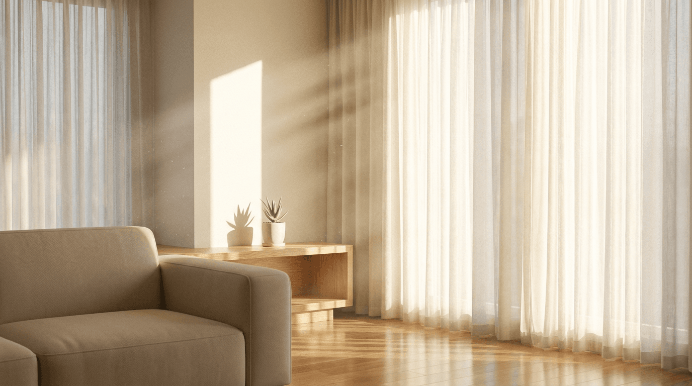 A clean, empty living room with sunlight streaming in