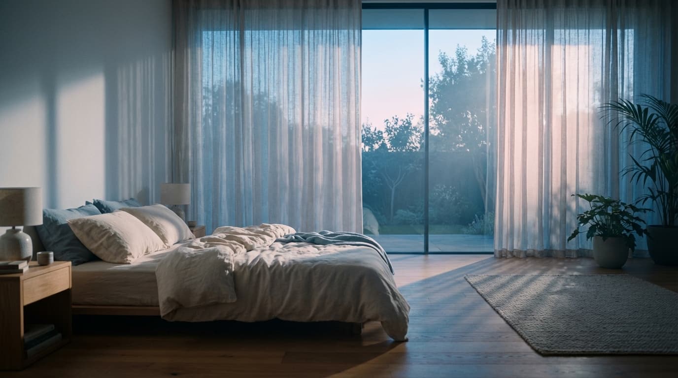A tidy bedroom with a neatly made bed and soft morning light