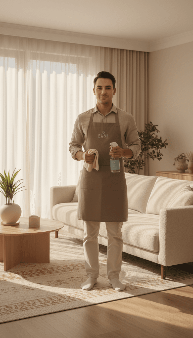 Professional household cleaner in uniform standing in bright living room, holding cleaning cloth and spray bottle confidently