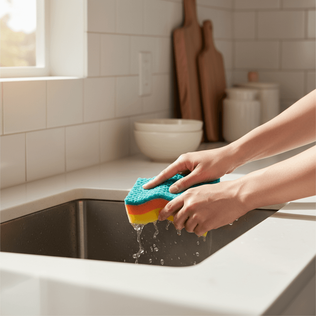 Kitchen stovetop being scrubbed clean