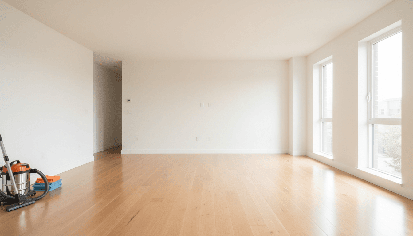 Empty rental living room with sunlight on hardwood floors