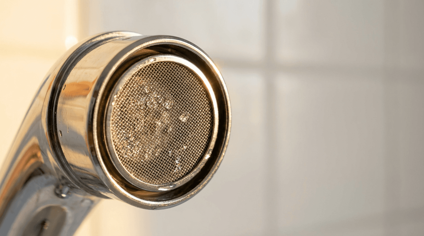 A gleaming chrome bathroom tap with a single droplet of water