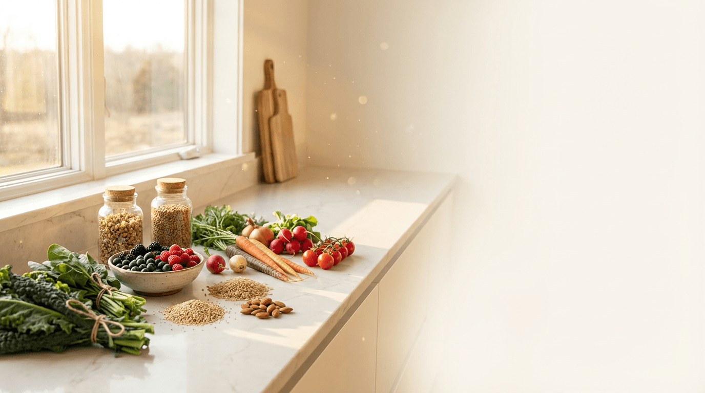 Clean kitchen countertop with cleaning supplies