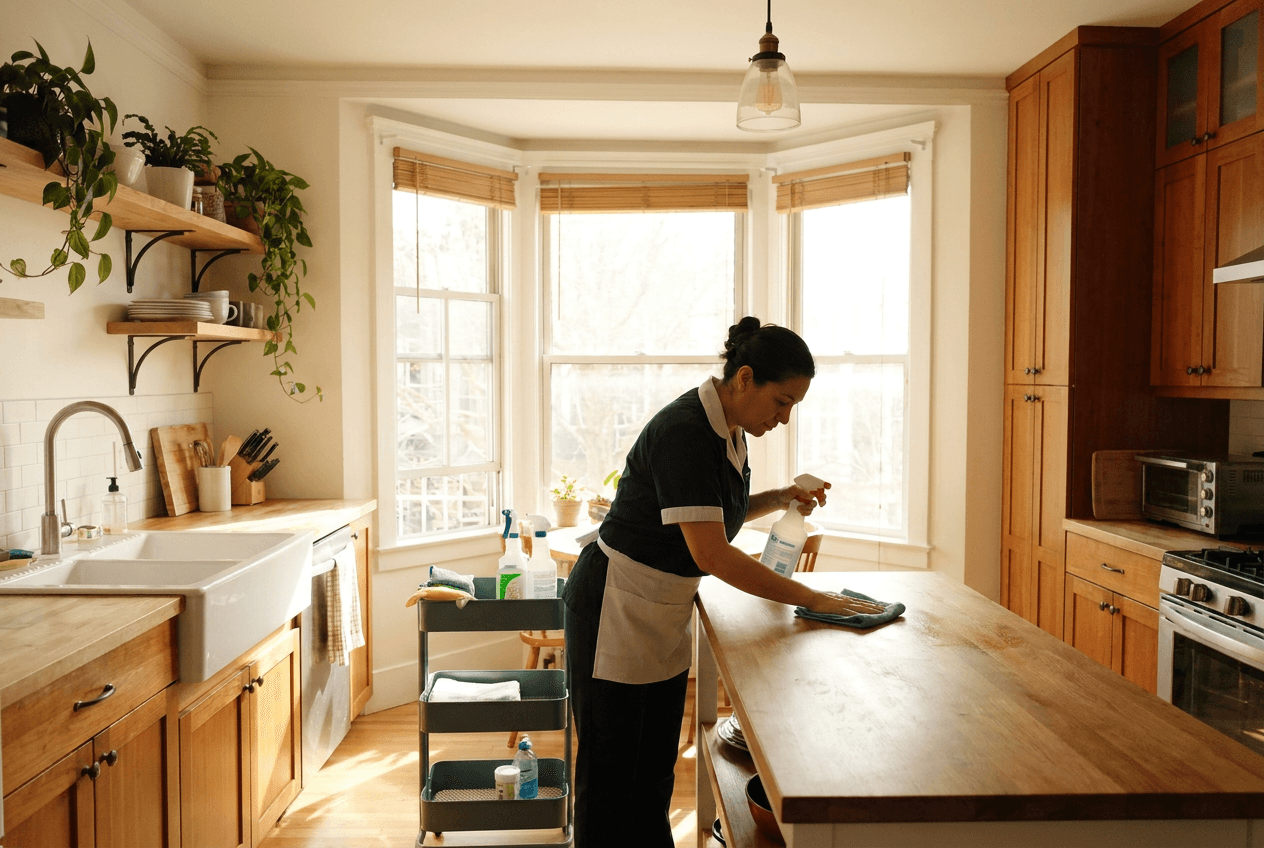 cleaner cleaning a kitchen